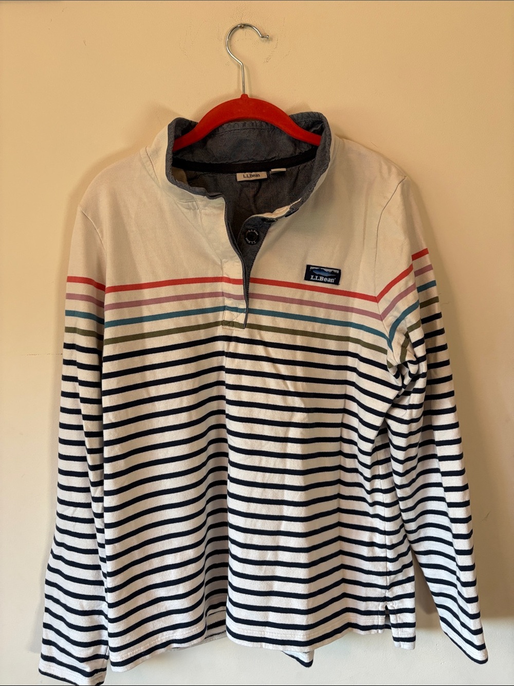 L.L. Bean Men’s White Pullover Shirt Jacket with Navy & Multicolor Stripes